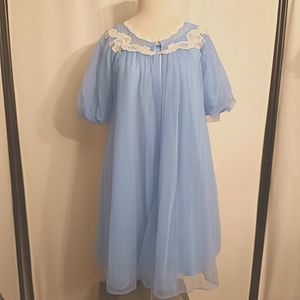 VINTAGE 50S BLUE SHEER BABYDOLL PUFF SLEEVE NIGHTGOWN AND ROBE SET